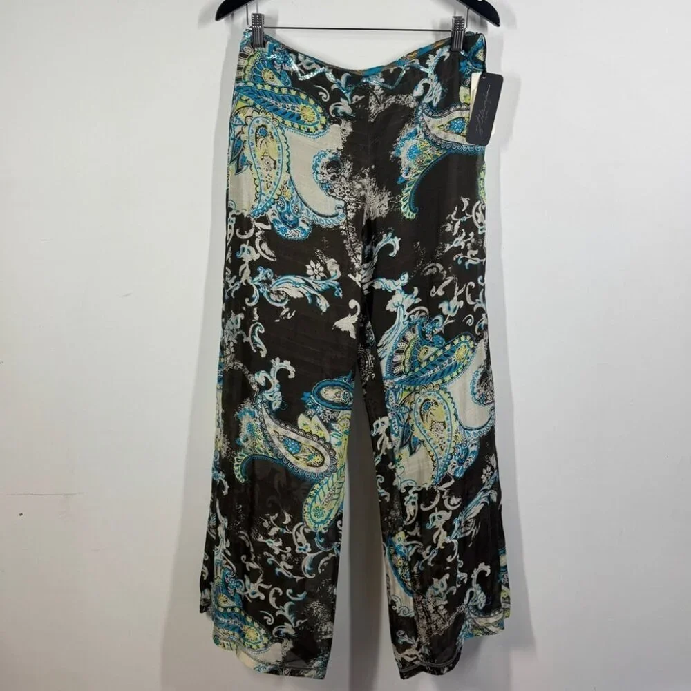 100% Silk Made in Italy Wide Leg Pants Multicolor Paisley Print Size 44  NWT